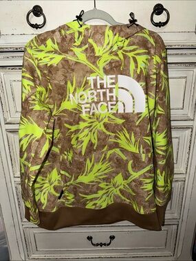 The North Face Brown Sweater with Neon Green Leaf Print & White Logo
